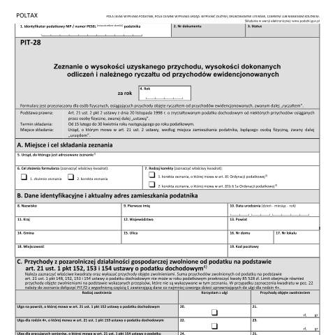 Document preview: Zeznanie o wysokości uzyskanego przychodu, wysokości dokonanych odliczeń i należnego ryczałtu od przychodów ewidencjonowanych — PIT, Polska (CERFA n°PIT-28)