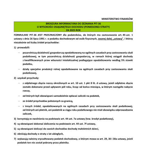 Document preview: Zeznanie o wysokości osiągniętego dochodu (poniesionej straty) w roku podatkowym — PIT, Polska (CERFA n°PIT-36)