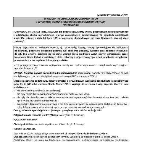 Document preview: Zeznanie o wysokości osiągniętego dochodu (poniesionej straty) w roku podatkowym — PIT, Polska (CERFA n°PIT-39)