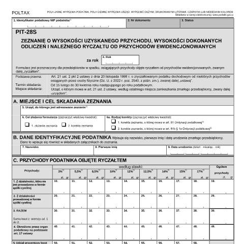 Document preview: Zeznanie o wysokości uzyskanego przychodu, wysokości dokonanych odliczeń i należnego ryczałtu od przychodów ewidencjonowanych — PIT, Polska (CERFA n°PIT-28S)