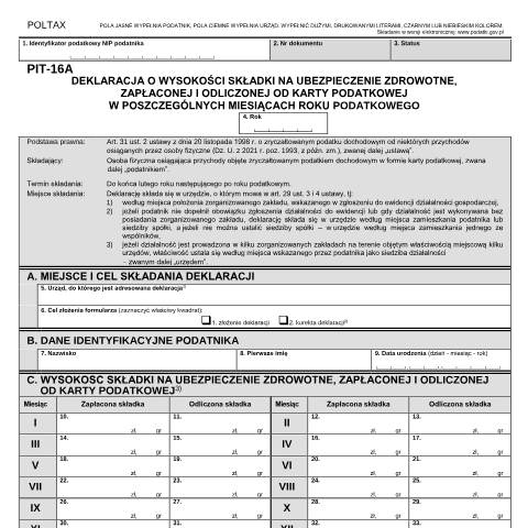 Document preview: Deklaracja o wysokości składki na ubezpieczenia zdrowotne, zapłaconej i odliczonej od karty podatkowej w poszczególnych miesiącach roku podatkowego — PIT, Polska (CERFA n°PIT-16A)