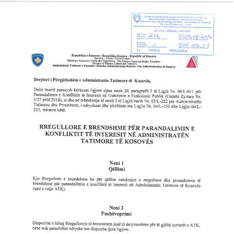 Document preview: Rregullore e brendshme për parandalimin e konfliktit të interesit në ATK — Udhezues Manuale Dhe Rregullore, Kosovë