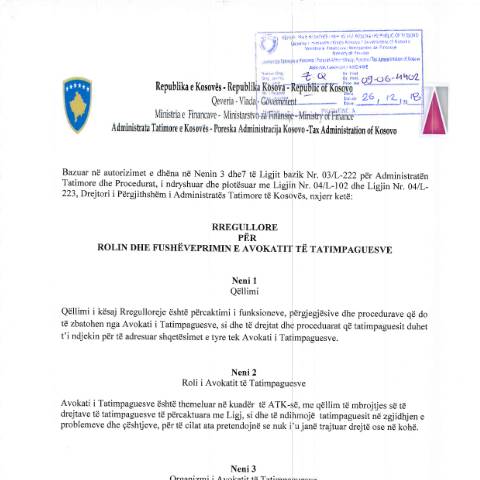 Document preview: RREGULLORE PËR ROLIN DHE FUSHËVEPRIMIN E AVOKATIT TË TATIMPAGUESVE — Avokati I Tatimpaguesve, Kosovë