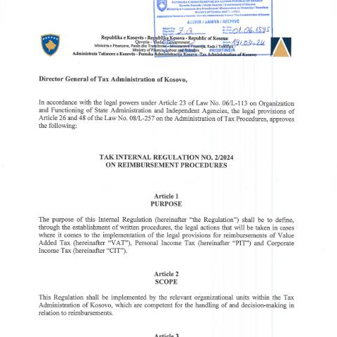 Document preview: TAK Internal Regulation NO. 02/2024 on Reimbursments Procedures — Udhezues Manuale Dhe Rregullore, Kosovë