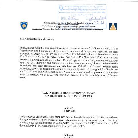 Document preview: TAK Internal Regulation NO. 02/2023 on Reimbursments Procedures — Udhezues Manuale Dhe Rregullore, Kosovë