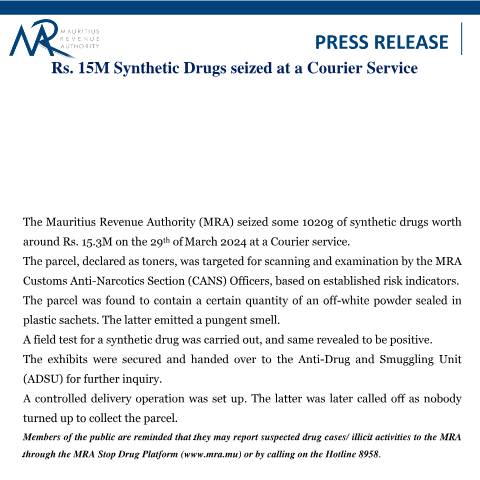 Document preview: Rs. 15M Synthetic Drugs seized at a Courier Service (04.04.24) — Document, Mauritius (CERFA n°PressRelease040424)