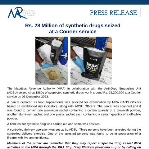 Document preview: Rs. 28 Million of synthetic drugs seized at a Courier service (09.12.23) — Document, Mauritius (CERFA n°PressRelease091223)