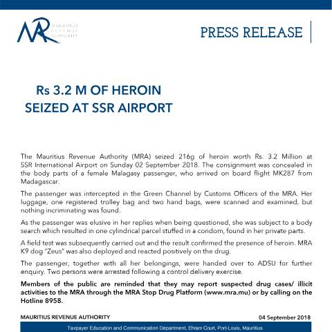 Document preview: Rs 3.2 M of heroin seized at SSR Airport — Document, Mauritius (CERFA n°SeizureHeroin040918)