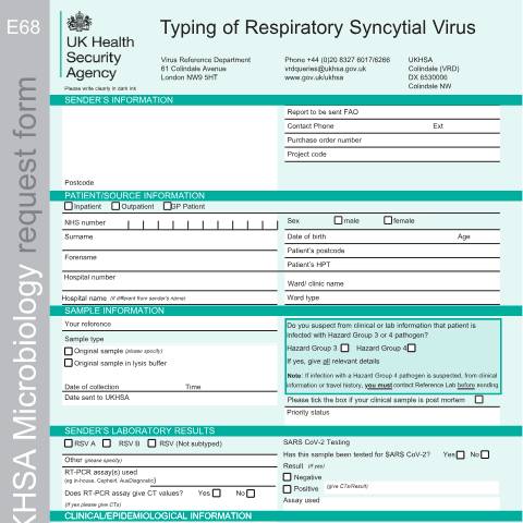Document preview: Request form for typing of respiratory syncytial virus (E68 ) — UK Health Security Agency, United Kingdom