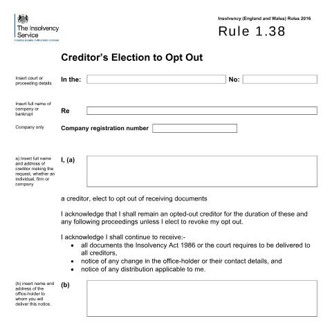 Document preview: Rule 1.38 creditor’s election to opt out — The Insolvency Service, United Kingdom