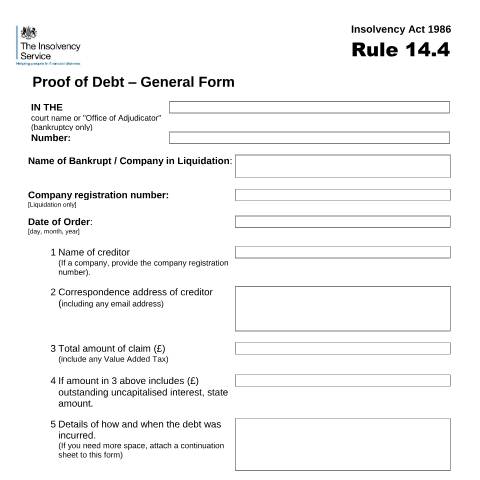 Document preview: Rule 14.4 proof of debt (general form) — The Insolvency Service, United Kingdom