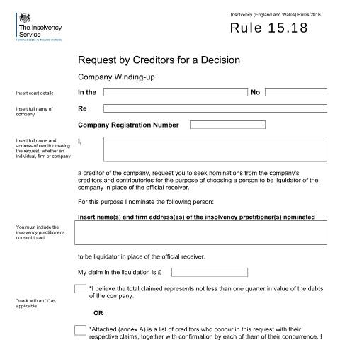 Document preview: Rule 15.18 request by creditors for a decision (company winding-up) — The Insolvency Service, United Kingdom