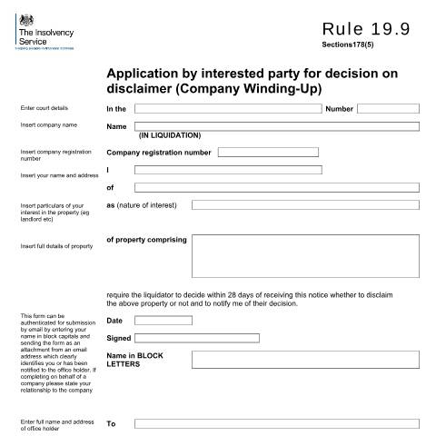 Document preview: Rule 19.9 application by interested party for decision on disclaimer (company winding-up) — The Insolvency Service, United Kingdom