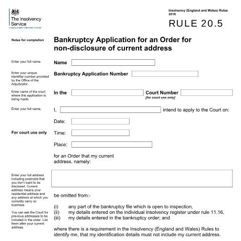 Document preview: Rule 20.5 bankruptcy application for an order for non-disclosure of current address — The Insolvency Service, United Kingdom