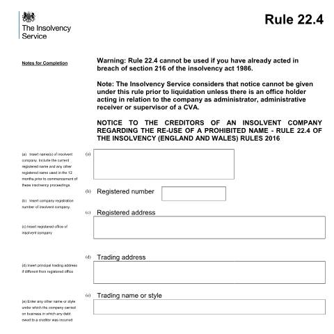 Document preview: Rule 22.4 notice to creditors – s216 re-use of a prohibited name — The Insolvency Service, United Kingdom