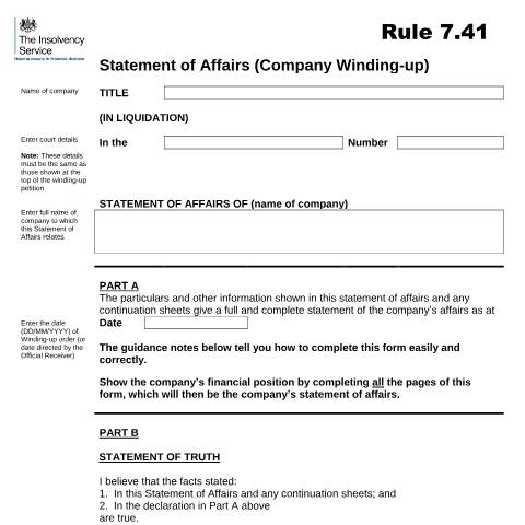 Document preview: Rule 7.41 Statement of Affairs (company winding-up) — The Insolvency Service, United Kingdom