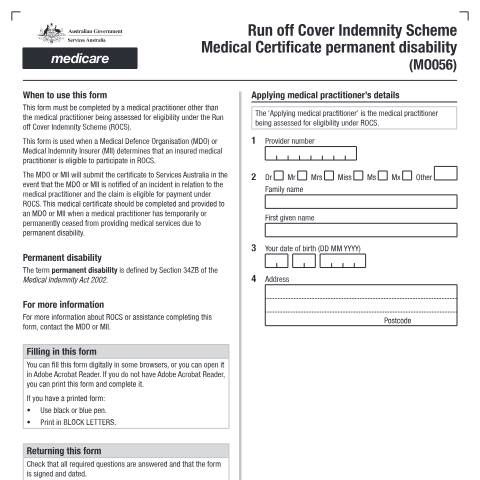 Document preview: Run off Cover Indemnity Scheme - medical certificate permanent disability form (MO056) — Services Australia — Health professionals, Australia (CERFA n°MO056)