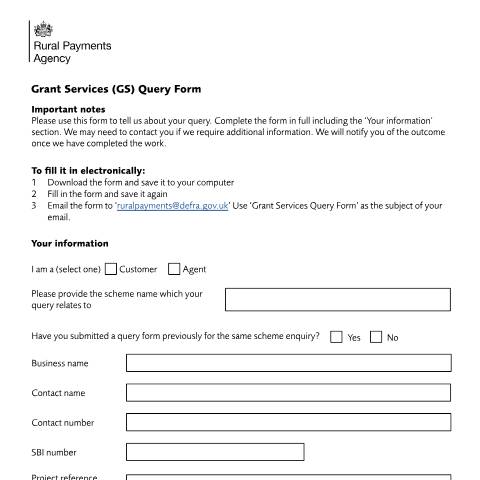 Document preview: Grant funding scheme query form — Rural Payments Agency, United Kingdom