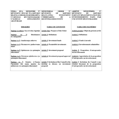 Document preview: ministerial order regulating investment undertaking by a decentralised — Ministerial / Presidential order, Rwanda (CERFA n°ministerial_order_regulating_investment_undertaking_by_a_decentralised)