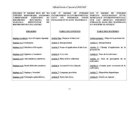 Document preview: Law on Environmental levy May 2025 — Law, Rwanda (CERFA n°Law_on_Environmental_levy_May_2025)