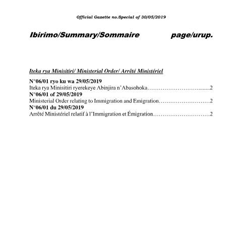 Document preview: ministerial order relating to immigration — Ministerial / Presidential order, Rwanda (CERFA n°ministerial_order_relating_to_immigration)