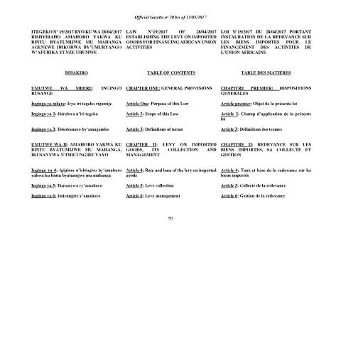 Document preview: law establishing the levy on imported goods for financing african union activities — Law, Rwanda (CERFA n°law_establishing_the_levy_on_imported_goods_for_financing_african_union_activities)