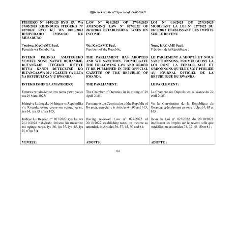 Document preview: Law amending the 2022 Income Tax May 2025 — Law, Rwanda (CERFA n°Law_amending_the_2022_Income_Tax_May_2025)