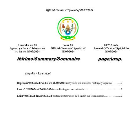 Document preview: Tax on minerals Law of 2024 — Law, Rwanda (CERFA n°Tax_on_minerals_Law_of_2024)