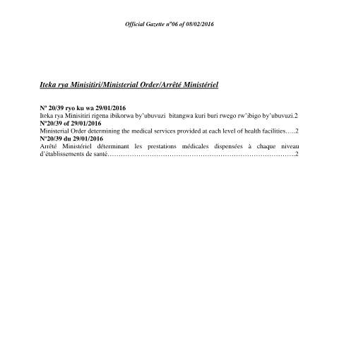 Document preview: ministerial order on medical services to be provided official gazette no 06 of 08 02 2016 copy imw5cl — Ministerial / Presidential order, Rwanda (CERFA n°ministerial_order_on_medical_services_to_be_provided_official_gazette_no_06_of_08_02_2016_copy_imw5cl_4366cd7077)