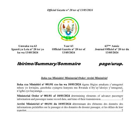 Document preview: ministerial order no 00101 of api pnr may 2024 — Ministerial / Presidential order, Rwanda (CERFA n°ministerial_order_no_00101_of_api_-_pnr_-_may_2024)