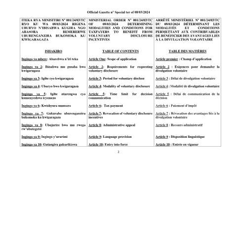 Document preview: Ministerial Order about Voluntary Disclosure — Ministerial / Presidential order, Rwanda (CERFA n°Ministerial_Order_about_Voluntary_Disclosure)