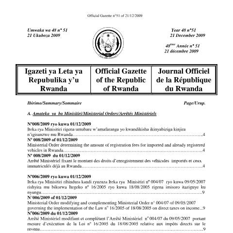 Document preview: Ministerial order about Motor vehicle registration fees — Ministerial / Presidential order, Rwanda (CERFA n°Ministerial_order_about_Motor_vehicle_registration_fees)