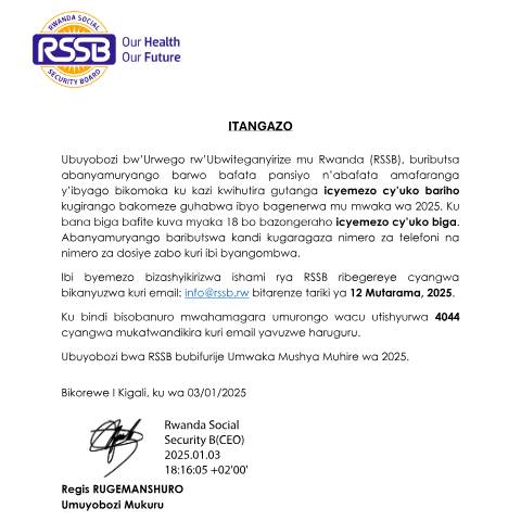Document preview: Itangazo for Pensionners 03012025 2 — Document, Rwanda (CERFA n°Itangazo_for_Pensionners_03012025_2_87b8e4e08a)