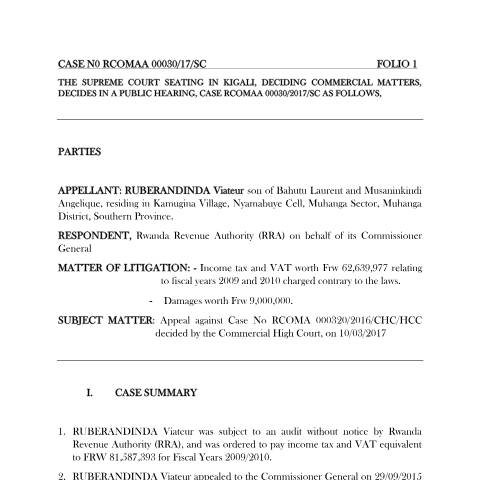 Document preview: case n0 rcomaa 00030 rra vs ruberandinda — Document, Rwanda (CERFA n°case_n0_rcomaa_00030__rra_vs_ruberandinda)
