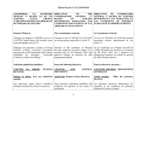 Document preview: Official Gazette No23 of 03.06.2024 About Paying tax arrears in instalments 6 12 — Official gazette, Rwanda (CERFA n°Official_Gazette_No23_of_03.06.2024_About_Paying_tax_arrears_in_instalments-6-12)