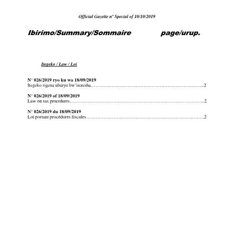 Document preview: i og n special of 10 10 2019 uburyo isoresha tax procedures — Official gazette, Rwanda (CERFA n°i_og_n___special_of_10_10_2019_uburyo_isoresha_tax_procedures)