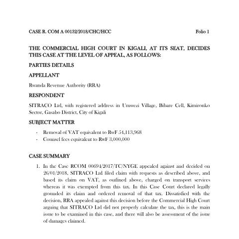 Document preview: r com a 00132 2018 chc hcc sitraco — Document, Rwanda (CERFA n°r_com_a_00132_2018_chc_hcc_sitraco)
