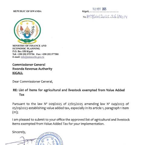 Document preview: Approved VAT Exemption on Agri Livestock items Nov 2025 — Document, Rwanda (CERFA n°Approved_VAT_Exemption_on_Agri___Livestock_items-_Nov_2025)