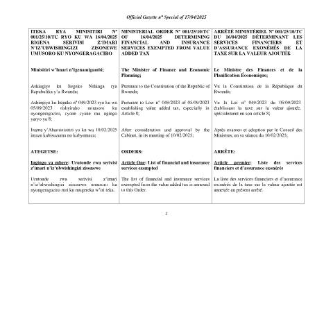 Document preview: Iteka rya Minisitiri serivise z imari n ubwishingizi zisonewe TVA 2025 — Ministerial / Presidential order, Rwanda (CERFA n°Iteka_rya_Minisitiri_serivise_z_imari_n_ubwishingizi_zisonewe_TVA_2025)