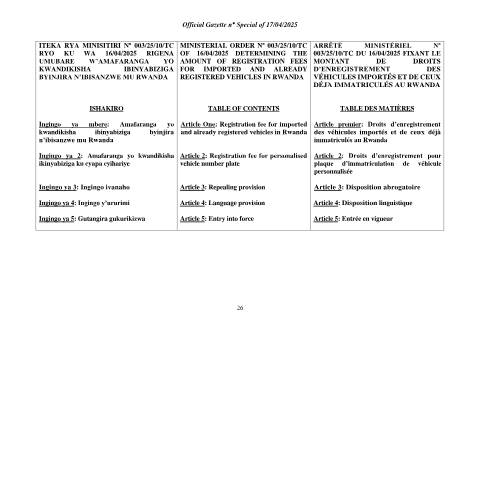 Document preview: Iteka rya Minisitiri Amafaranga yo kwandikisha ibinyabiziga 2025 — Ministerial / Presidential order, Rwanda (CERFA n°Iteka_rya_Minisitiri_Amafaranga_yo_kwandikisha_ibinyabiziga_2025)