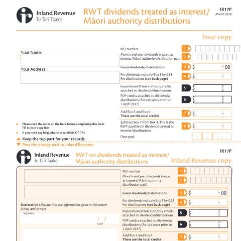 Document preview: RWT dividends treated as interest - Māori authority distributions — Income tax, New Zealand (CERFA n°IR17P)
