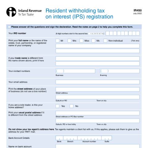 Document preview: RWT interest payer registration — Income tax, New Zealand (CERFA n°IR450)