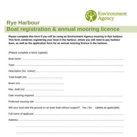 Document preview: Rye Harbour: boat registration and annual mooring licence — Environment Agency, United Kingdom