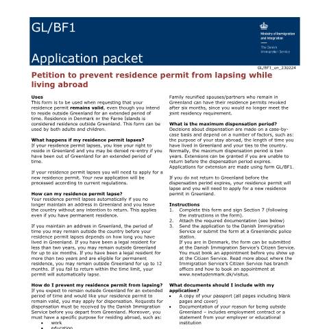 Document preview: Petition to prevent residence permit from lapsing while living abroad — Immigration Service / Application forms – The Danish Immigration Service, Danmark
