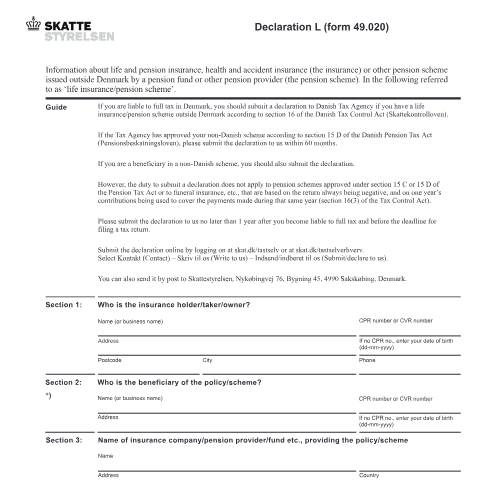 Document preview: 49.020 EN - Declaration L — 49 Administration affairs: other forms, Danmark (CERFA n°49.020)