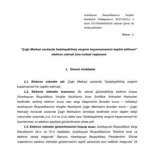 Document preview: Çağrı Mərkəzi vasitəsilə sadələşdirilmiş verginin bəyannaməsinin təqdim edilməsi — Sadələşdirilmiş vergi (régime simplifié), Azərbaycan (CERFA n°i1)