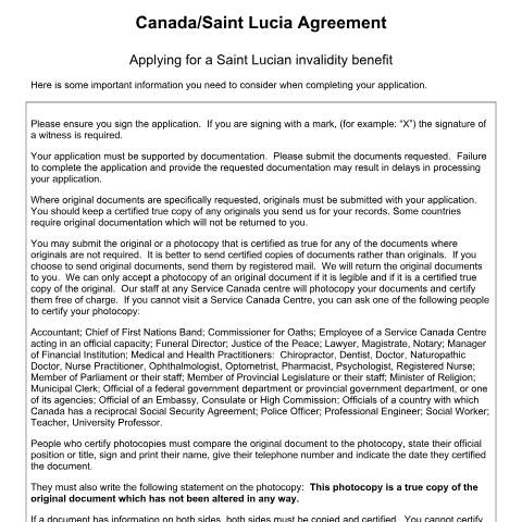 Document preview: Saint Lucia/Canada Agreement - Application for Saint Lucian Invalidity benefit. — Income Security Programs, Canada (CERFA n°INV-B1)