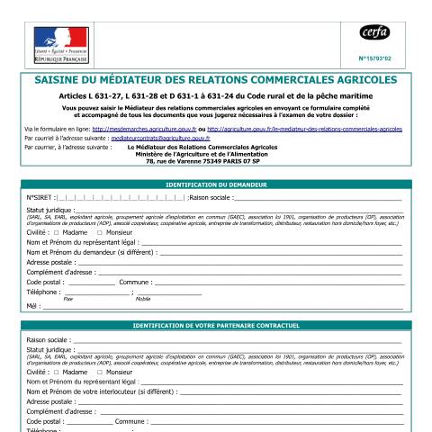 Aperçu du document Saisine du médiateur des relations commerciales agricoles — Professionnels, France (CERFA n°15793*02)