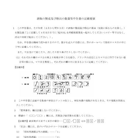 Document preview: E1-36 酒類の製成及び移出の数量等の申告手続き — 酒類の製成及び移出の数量等申告書の記載要領(PDFファイル/142KB) — 酒税, 日本 (CERFA n°E1-36)