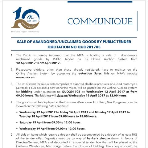 Document preview: Sale of Abandoned / Unclaimed Goods by Public Tender (11.04.17) — Form, Mauritius (CERFA n°Qu05of2017)